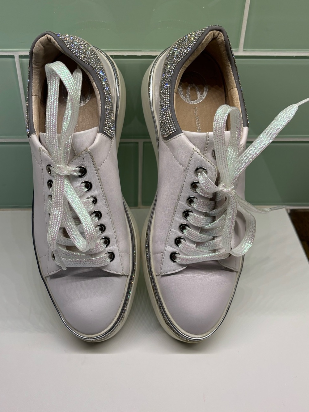 Wishbone White Leather Platform Sneakers with Rhinestone Trim